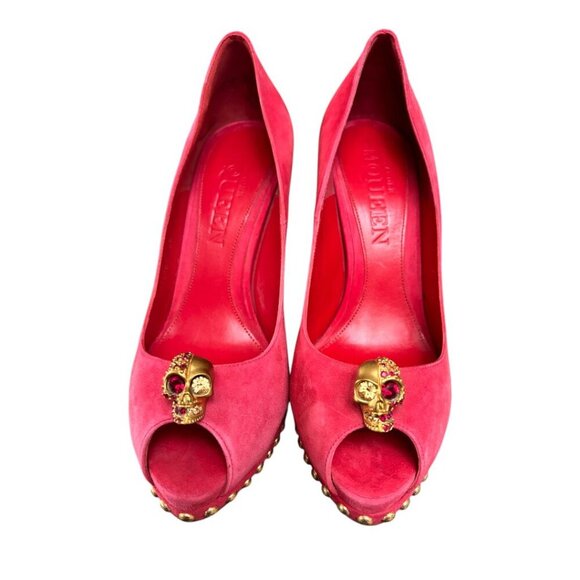 AUTHENTIC ALEXANDER MCQUEEN RED PUMPS HEELS CRYSTAL SKULL SUEDE RARE US 8/38 - Picture 2 of 7